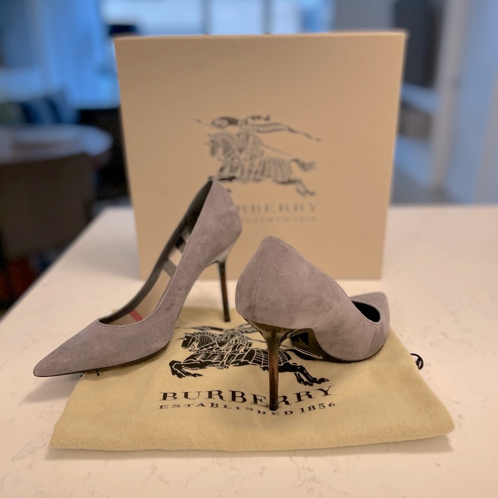 Gray lightly used suede heels by Burberry